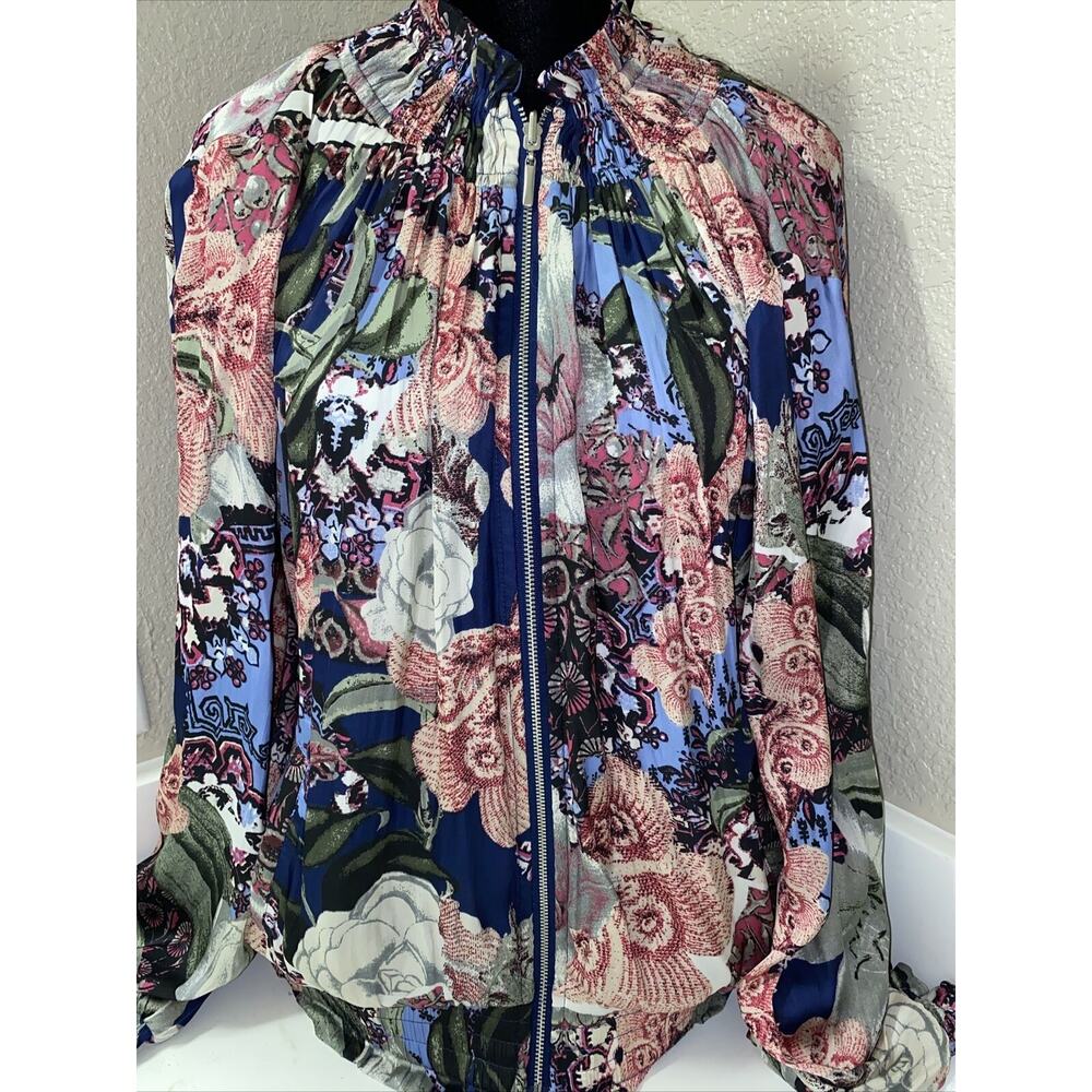 Chico's Reversible Floral Pink Blue Satin‎ Jacket Chico's Size 0 US 4/6 Full Zip